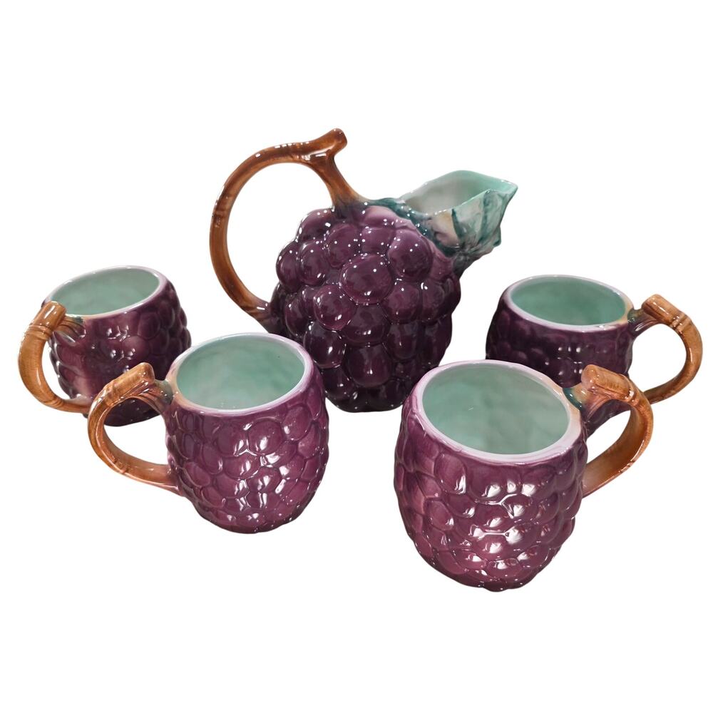 Vintage Italian Ancora Purple Grape Cluster Ceramic Pitcher and Set of 4 Mugs
